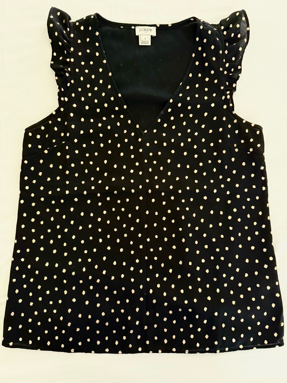 J. Crew Black Camisole with Cream Polka Dots and Flutter Sleeves